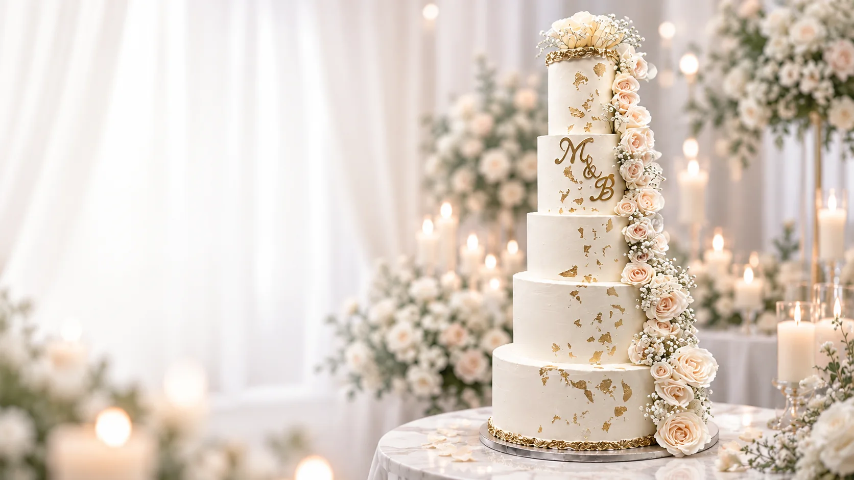 Gâteau de mariage fleuri aux détails dorés