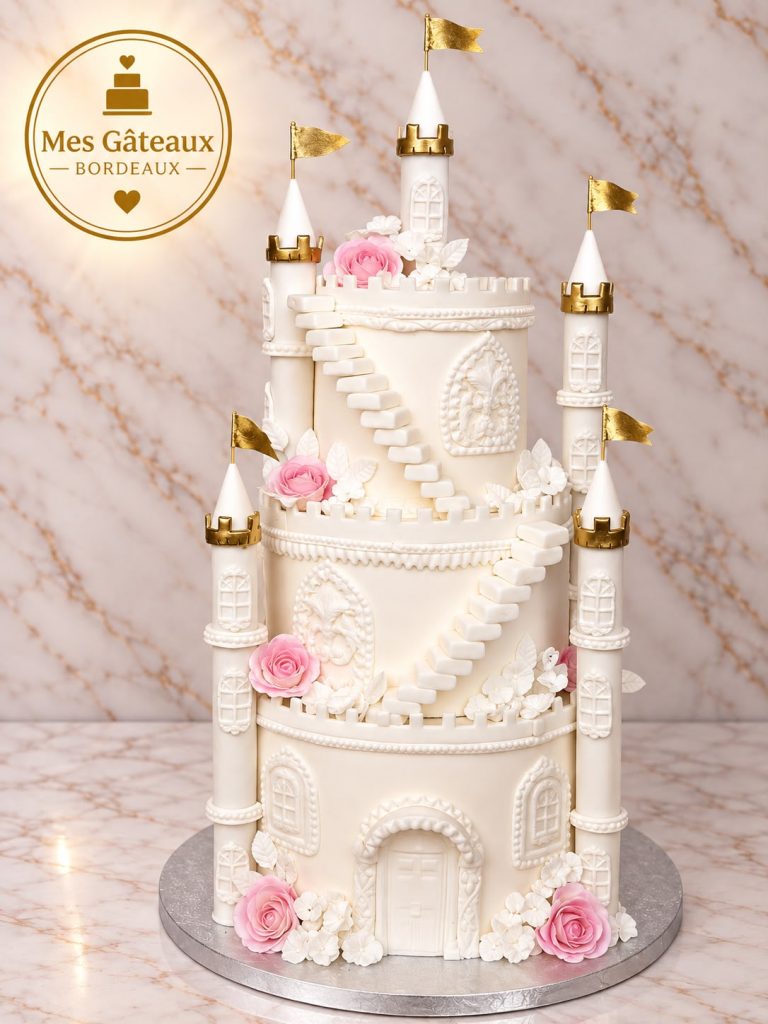 Gâteau de mariage blanc à quatre étages avec fleurs en cascade et détails dorés