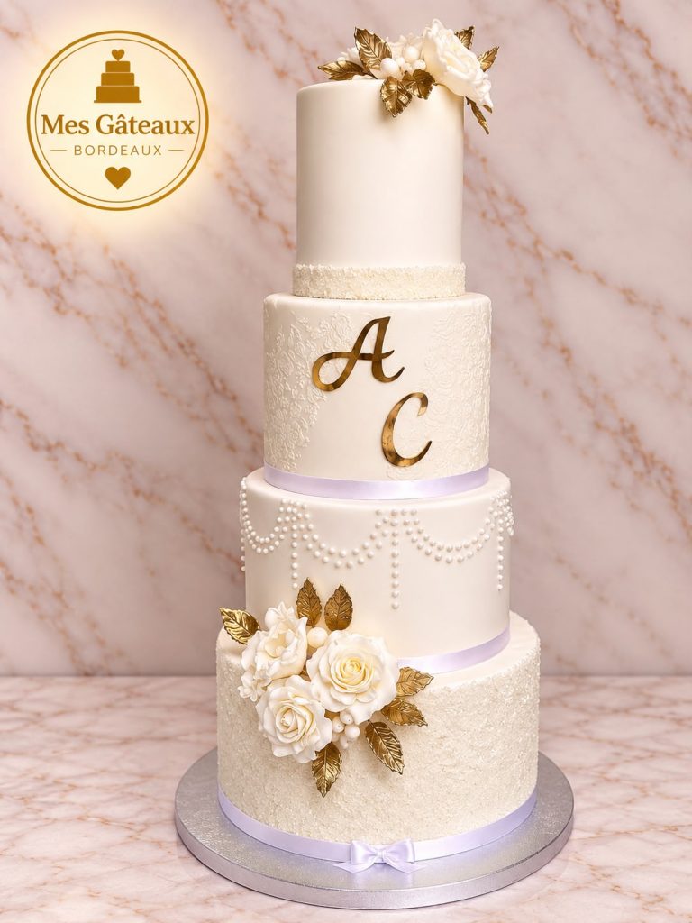 Wedding cake ivoire à trois étages avec fleurs blanches et éclats dorés