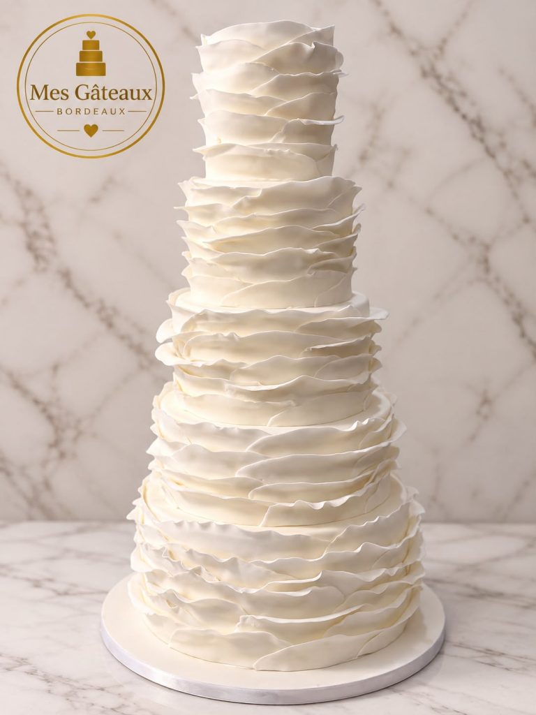 Gâteau de mariage blanc à cinq étages avec perles et fleurs bleues