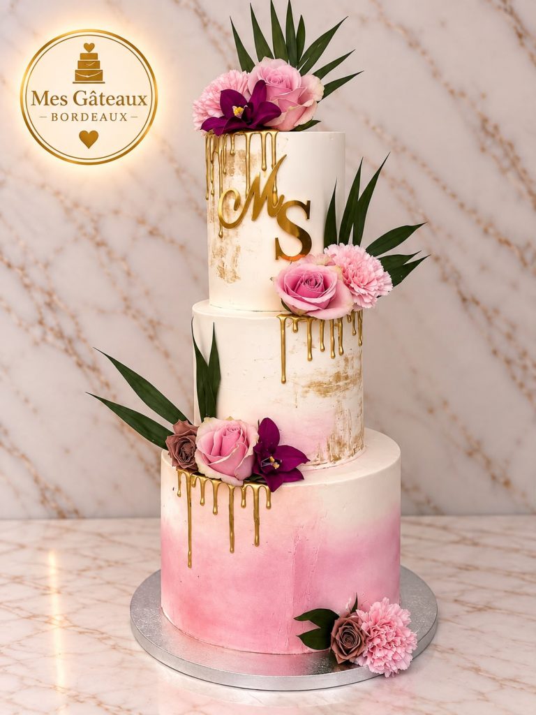 Wedding cake blanc à trois étages avec chardons bleus et initiales dorées