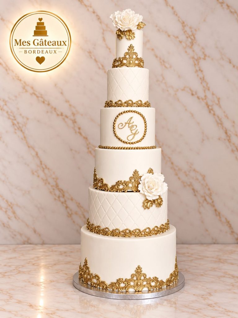 Gâteau de mariage blanc avec figurine de mariée et alliances dorées