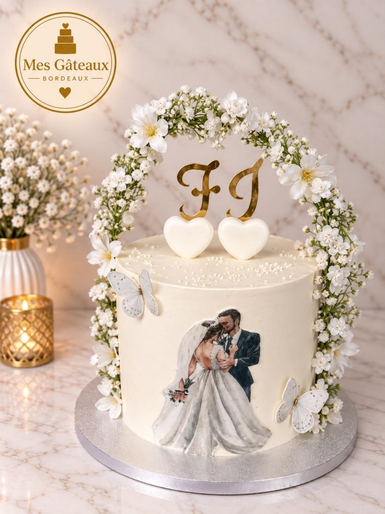 Gâteau de mariage gris à deux étages avec initiales noires