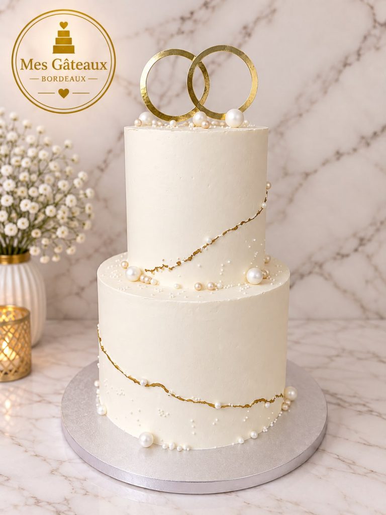 Gâteau de mariage blanc à trois étages avec roses et feuille d’or
