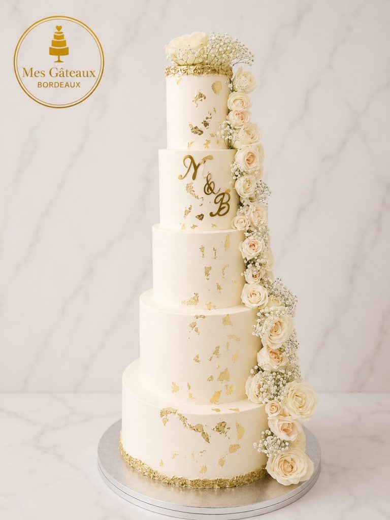 Wedding cake orange et rouge à deux étages avec fleurs roses et éventails dorés