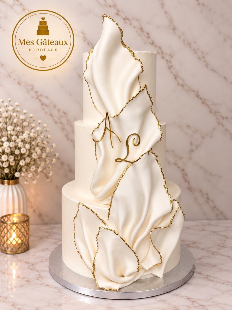 Cake designer décorant un wedding cake blanc à plusieurs étages