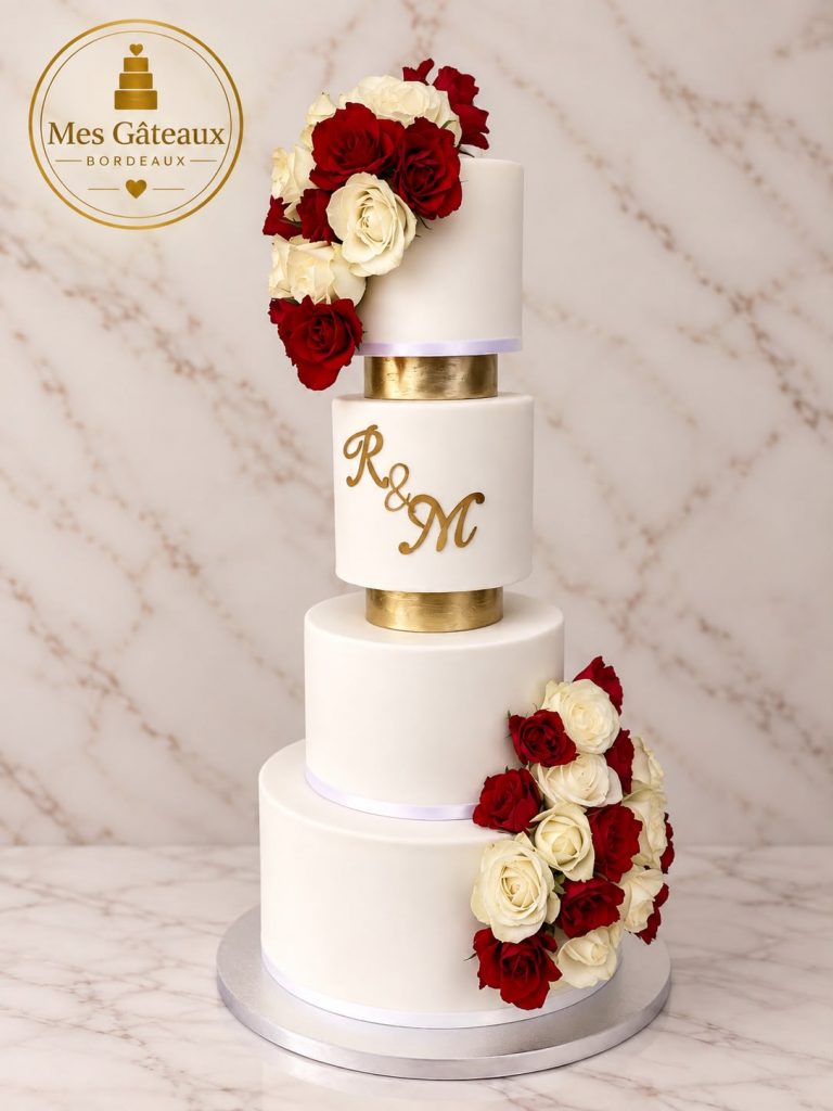Wedding cake blanc texturé à trois étages avec fleurs et topper doré