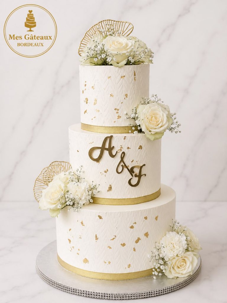 Gâteau de mariage blanc à trois étages avec fleurs bordeaux et ivoire