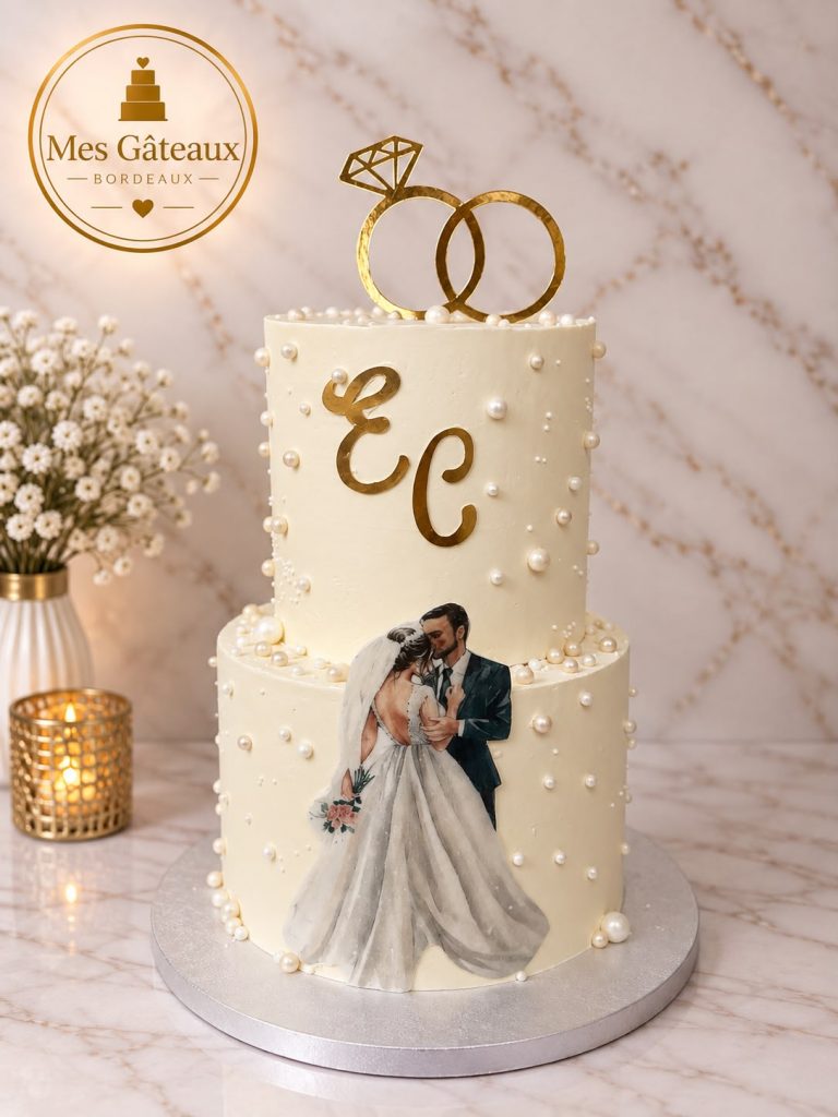 Gâteau de mariage blanc à deux étages avec fleurs ivoire et détails dorés
