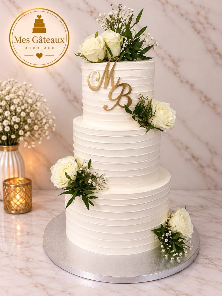 Wedding cake blanc à trois étages décoré de papillons et de fleurs roses