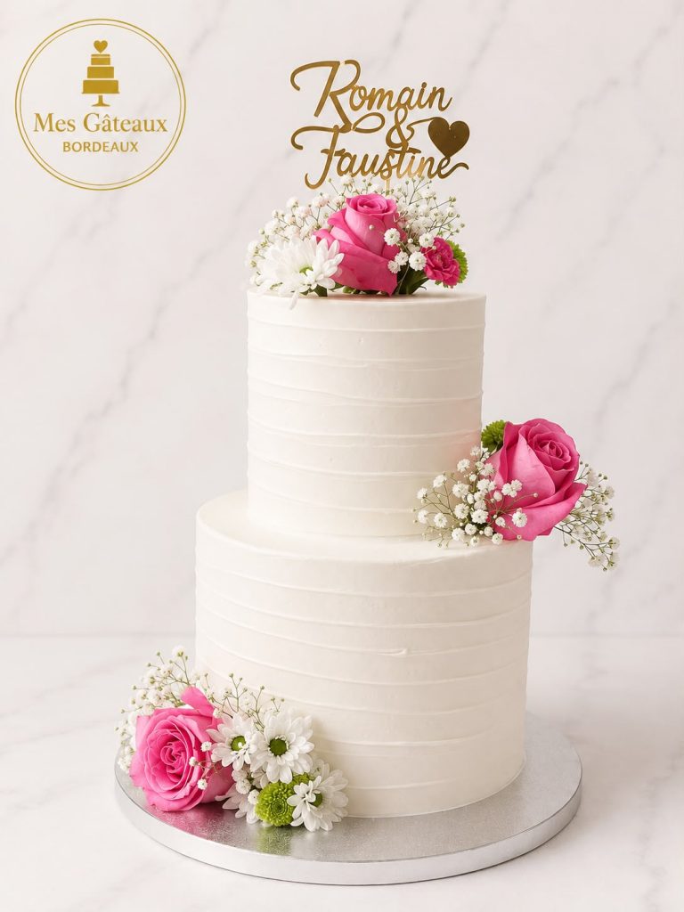 Wedding cake blanc à trois étages avec roses rouges et blanches