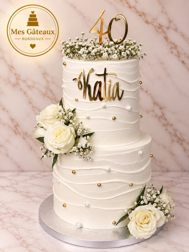 Gâteau de mariage à quatre étages avec ornements dorés et fleurs blanches