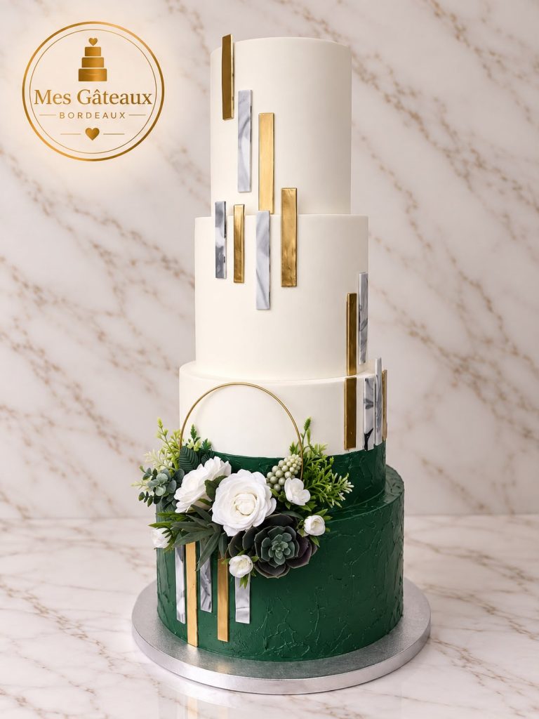 Gâteau de mariage noir à cinq étages avec finition pailletée
