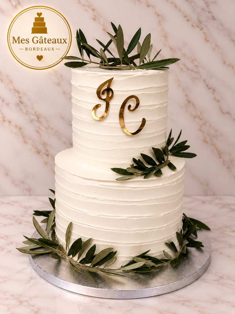 Gâteau de mariage blanc avec initiales noires et fleurs blanches