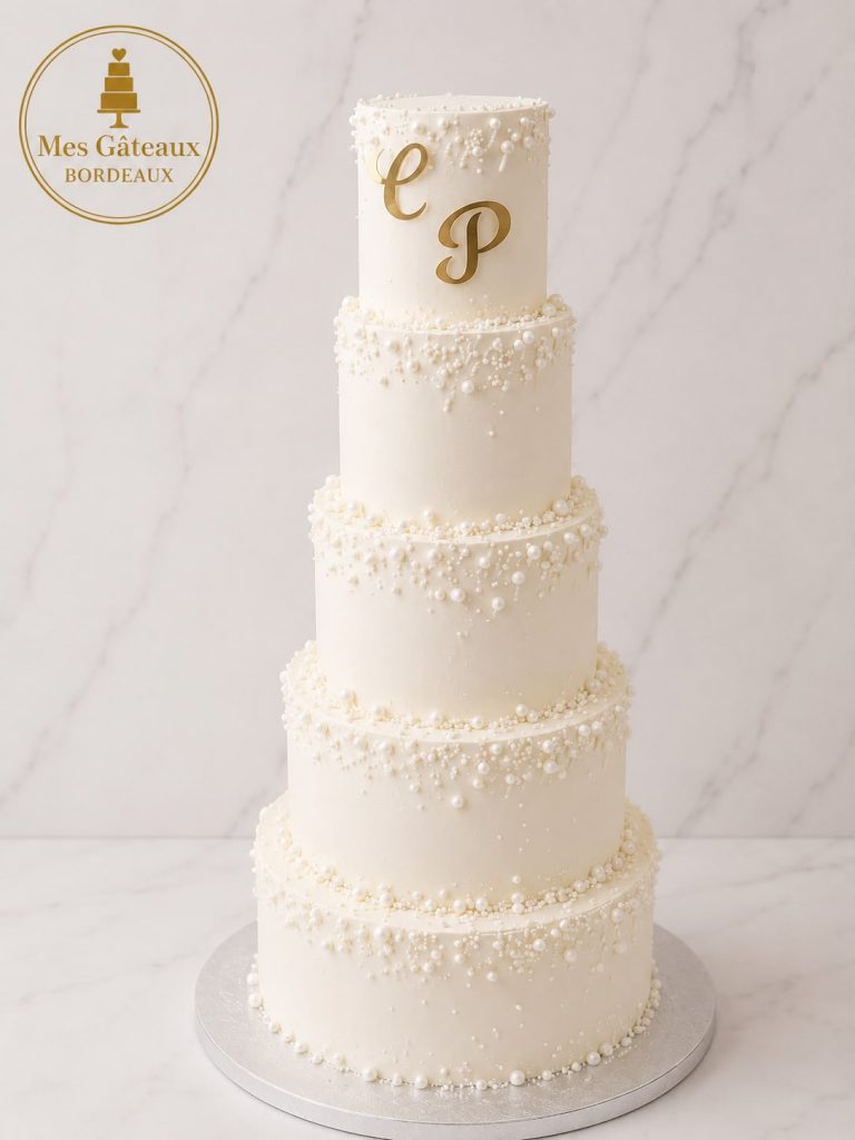 Wedding cake ivoire à quatre étages avec fleurs bleues et blanches