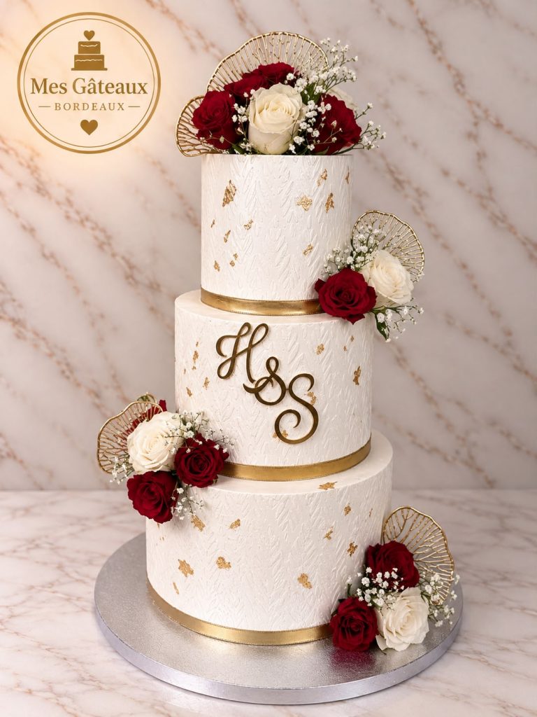 Gâteau de mariage blanc avec roses ivoire et initiales dorées